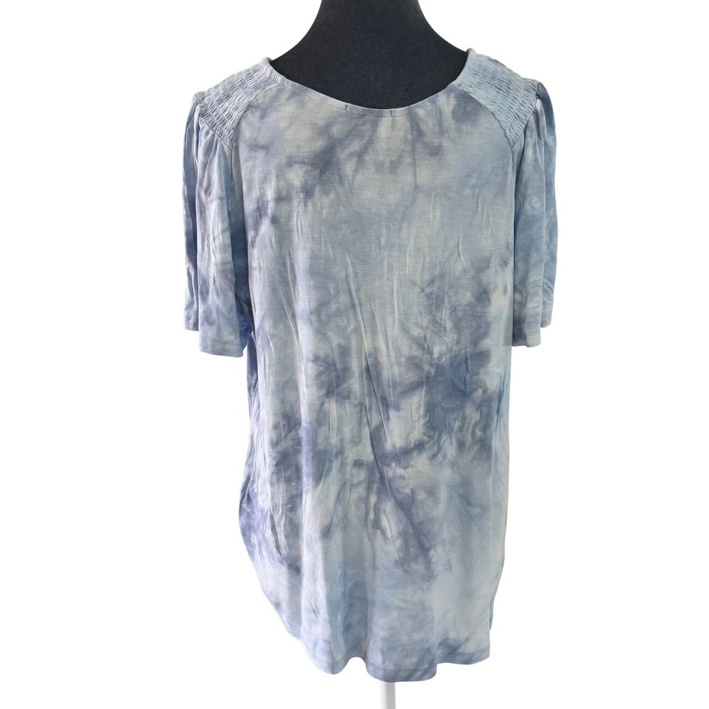 W5 Wms Boho Coastal Blue White Tie Dye Smocked Shoulder Flutter Sleeve Top XL